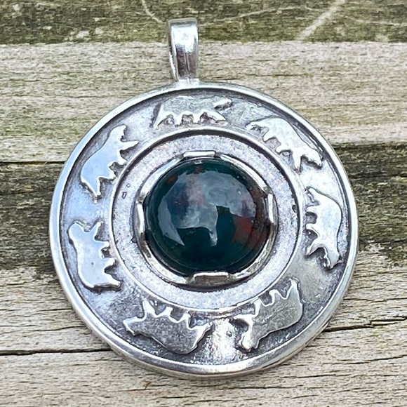 Bear Dance Circle Pendant .925 Sterling Silver w/ genuine Bloodstone Made in USA - Picture 8 of 10